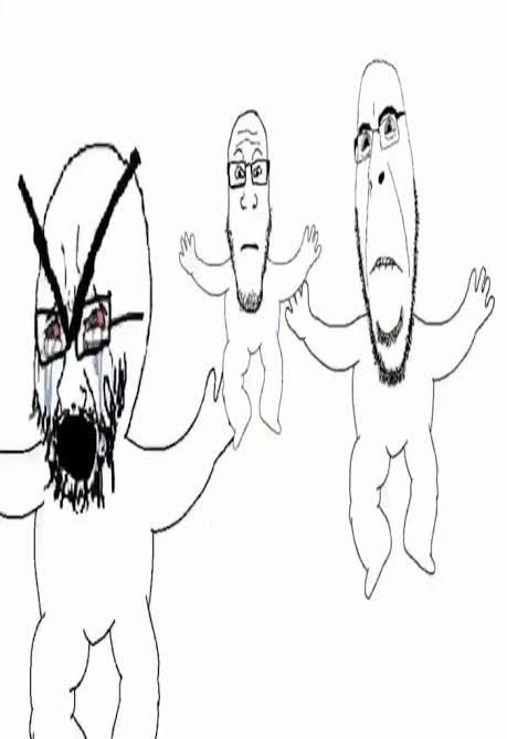 Three panicking wojaks with their arms out.