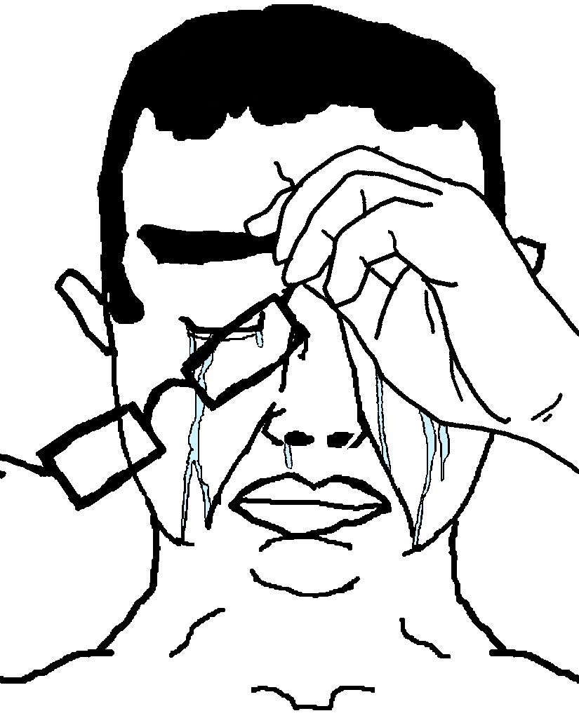 A wojak holding his own eyes open, crying, refusing to look away.